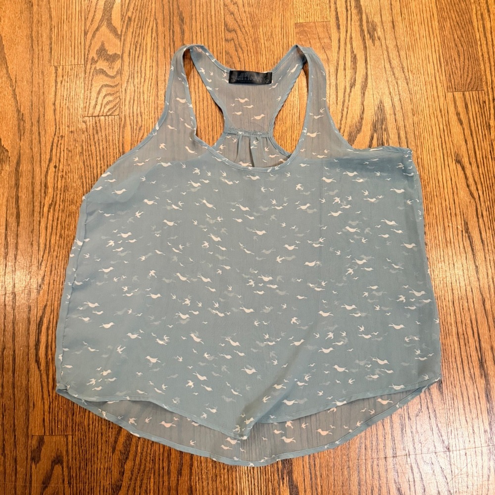 WallFlower Bird Print‎ Racerback Tank Top Sheer Chiffon Medium Blue
